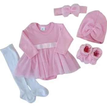 Kojenecká souprava 5-dílná soupravička sukničkobody, punčochy, čepička, čelenka, botky - růžová, vel. 74
