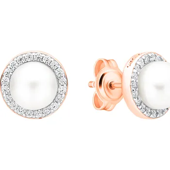 Náušnice ANNA PERLY Elegantní růžově pozlacené stříbrné náušnice pecky s bílou perlou a zirkony