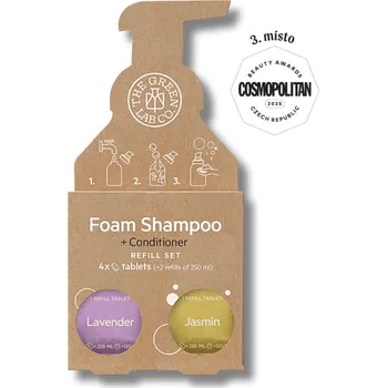 Šampon The Green Lab Co | Ekologický šampon a kondicionér v tabletách - Levandule a Jasmín 2v1 šampon i kondicionér • 4 tablety • šetrné složení bez chemie a plastu