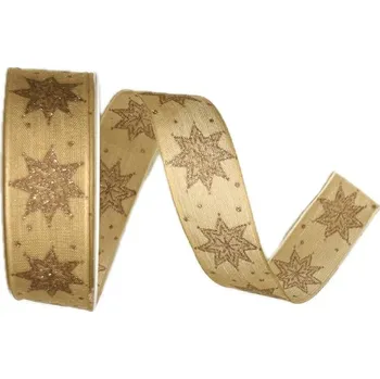 Stuha Stuha vánoční SKYSCRAPER BEIGE béžová 25mm x 2m (11,-Kč/m) (Vánoční stuha bavlněná, jednostranný stříbrný potisk, s drátkem v lemu)