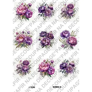 Umělecký papír Rýžový a soft papír na decoupage - Fialové pivoňky - KB3246 Materiál: Soft, Rozměr: A4