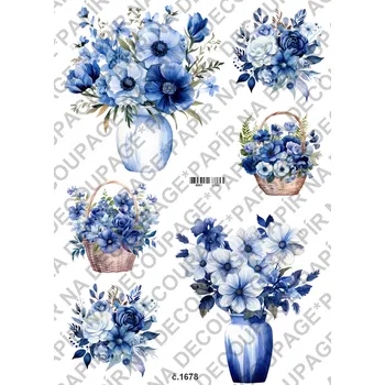 Výtvarný papír Rýžový a soft papír na decoupage - Květiny modré - KB01678 Materiál: Rýžový papír, Rozměr: A4