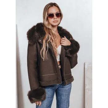 Hnědá dámská koženková bunda s kožíškem TY5243 Velikost: M
