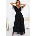Černé dlouhé lesklé šaty MELANIA s výstřihem a krátkým rukávem 635-2 Velikost: ONE SIZE