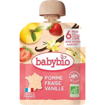BABYBIO Ovocný příkrm kapsička jablko jahoda vanilka 4x90 g 90 g