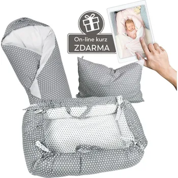 Zavinovačka Eva Kiedroňová SET 5v1 - Malý Pelíšek - Šedý s bílými hvězdičkami + Zdarma online kurz - Hnízdění miminka v pelíšku