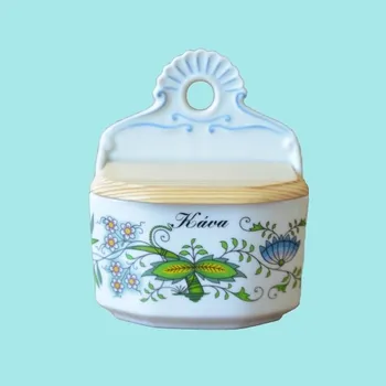 Dóza na potraviny Slánka závěsná s dřevěným víkem a s nápisem Káva 0,70 l NATURE barevný cibulák, cibulový porcelán Dubí