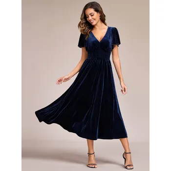 Dámské šaty Sametové svatební šaty pro hosty s výstřihem do V Barva: Tmavě Modrá, Velikost: 6XL