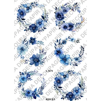 Umělecký papír Rýžový a soft papír na decoupage - Květiny modré - KB01679 Materiál: Rýžový papír, Rozměr: A4