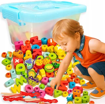 Dřevěná hračka Dřevěné stavebnice korálky k navlékání, edukativní hračka pro děti Montessori