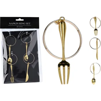 Vánoční dekorace Koopman International b.v. Dekorační obroučky na ubrousky v designu příboru - zlaté, sada 4 ks