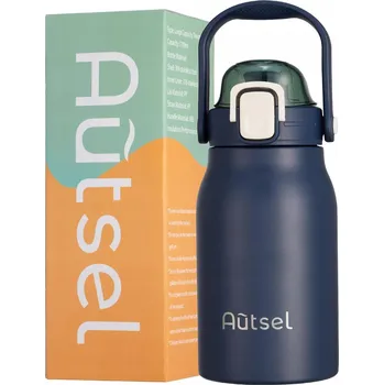 Láhev na vodu Autsel z nerezové oceli s rukojetí a brčkem 1 l černá
