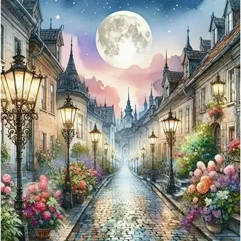 Diamantové malování Diamantové malování - Ulička a historické lampy (50 x 50)