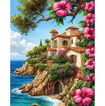Diamantové malování Diamantové malování - Letní sídlo na útesu + třpytivé kamínky (60x80)