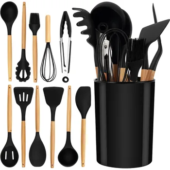 Household Sada 11ks kuchyňského náčiní / Černá - přírodní dřevo