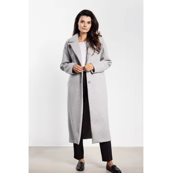 Dámský kabát Dlouhý dámský kabát s rovným střihem a páskem A750 Barva: Šedá, Velikost: M