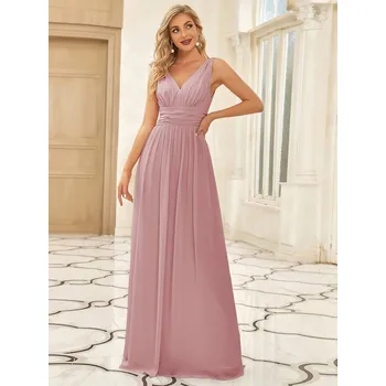 Dámské šaty Elegantní dlouhé šaty pro družičky s dvojitým výstřihem do V Barva: Pudrová, Velikost: XS