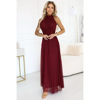 Dámské šaty numoco basic VERONICA luxusní dlouhé šaty s brokátovým akcentem a elegantní linií - vínová barva UNI