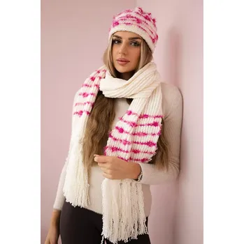 Šála Dámský set čepice + šál K304 ecru + fuchsia, VELIKOST UNI