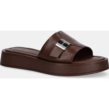 Dámské pantofle Kožené pantofle Calvin Klein FLATFORM SLIDE W/CK HW - LTH dámské, hnědá barva, na platformě, HW0HW02368 89X, EUR 40