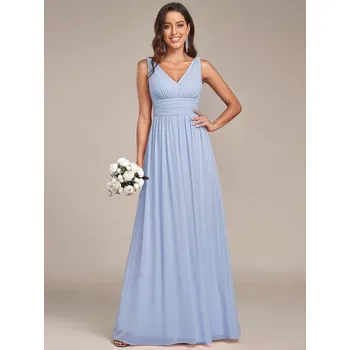 Dámské šaty Elegantní dlouhé šaty pro družičky s dvojitým výstřihem do V Barva: Modrá, Velikost: M