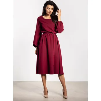 Dámské oblečení Midi šaty s páskem a elastickým pasem A742 Barva: Vínová, Velikost: M