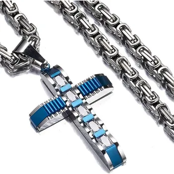 Náhrdelník IZMAEL Pánský Řetízek s Křížem DJ 38731 Modrá/Stříbrná/60cm KP38731