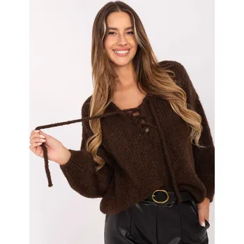 Dámský svetr Hnědý pletený svetr se šněrovacím výstřihem MI-