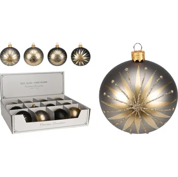 Vánoční dekorace Vánoční koule skleněná 80 mm šedá / černá, glitrovaná (4 designy) cena za 1 ks