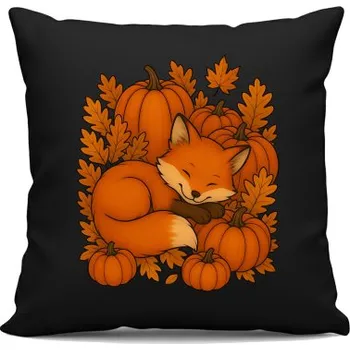 Žertovný předmět Den dýní - podzim - liška - černý polštář s potiskem- Tričkový.cz