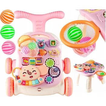 Odrážedlo Odrážedlo MalPlay růžové s pianem, vzdělávacím stolkem a košíkovou 5v1