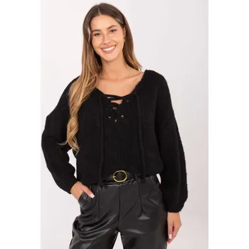 Dámský svetr Černý pletený svetr se šněrovacím výstřihem MI-