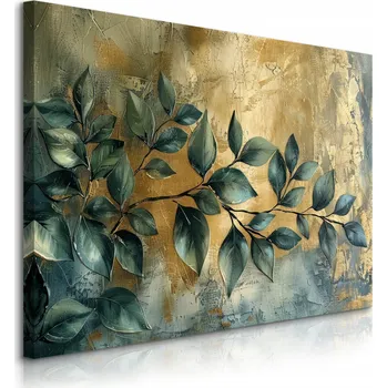 Obraz OBRAZ CANVAS DO OBÝVACÍHO POKOJE LISTY VĚTVIČKY PRVKY ZLATÝ STYL GLAMOUR 90x60
