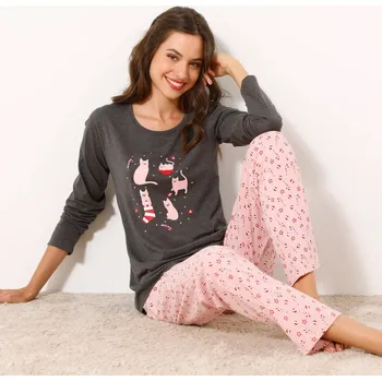 Dámské pyžamo Blancheporte Pyžamo s potiskem kočky, dodáváno se sladěným sáčkem sivý melír/růžová 50