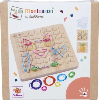 Dřevěná hračka EICHHORN DŘEVO Montessori geometrická deska herní set s gumičkami | 65554