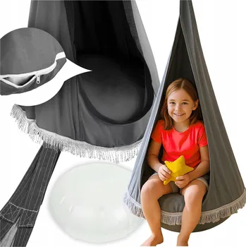 Zahradní houpačka Závěsné houpací křeslo kokon, hamaka pro děti s třásněmi, šedé + polštář, 155 cm