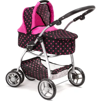 Kočárek pro panenku Kombinovaný kočárek pro panenky Doris 9662 tmavý s růžovými puntíky