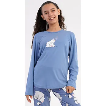 Dívčí pyžamo Vienetta Kids Dětské pyžamo dlouhé Méďa a tučňák: modrošedá 7 - 8