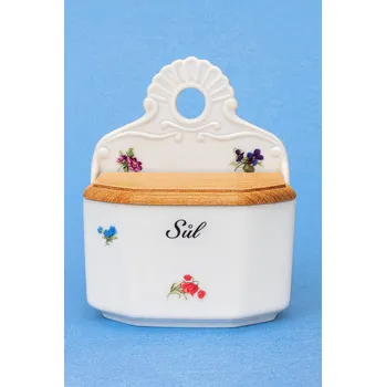 Slánka závěsná s víčkem nápis SŮL,70l HÁZENKA modrá linka Český porcelán Dubí