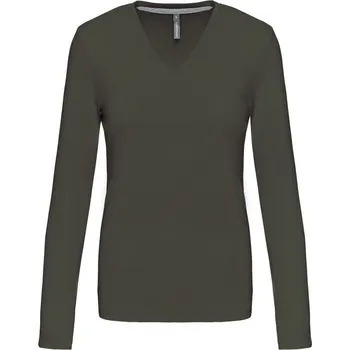 KARIBAN VINTAGE V-NECK K382 / Dámské tričko s dlouhým rukávem - dark khaki XXXL