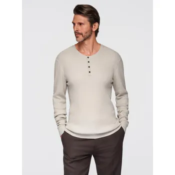 Pánský svetr Pánský žebrovaný svetr s knoflíky u výstřihu - béžový V3 OM-SWSW-0182 - XL