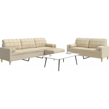 Pohovka vidaXL 3dílná sedací souprava s podnožkou a polštáři textil [3278345] Barva: krémová