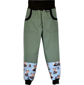 Chlapecké kalhoty ZÁHOŘÍ Rudel ZÁHOŘÍ Dětské softshellové kalhoty - zelené s liškami Velikost: 128