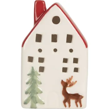 Svícen Bílo-červený keramický domeček s jelenem a LED světýlkem Boekend IV M – 6x6x10 cm