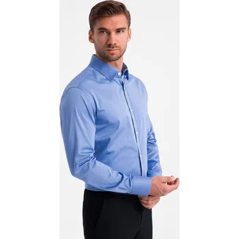 Pánská košile Pánská klasická košile SLIM FIT ze saténové tkaniny - modrá V2 OM-SHOS-0176 - S