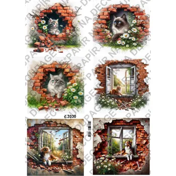 Výtvárné potřeby Rýžový a soft papír na decoupage - Kočka v cihlovém okně - KB03330 Materiál: Rýžový papír, Rozměr: A4