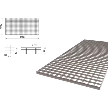 Terasové prkno Pozinkovaný rošt lisovaný 1000x1000 mm, oko 30x30 mm, tlustší nosná páska 30x3 mm