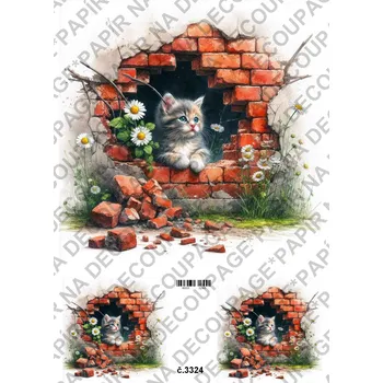 Umělecký papír Rýžový a soft papír na decoupage - Kočka v cihlovém okně - KB03324 Materiál: Soft, Rozměr: A4