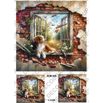 Umělecký papír Rýžový a soft papír na decoupage - Pes v cihlovém okně - KB03329 Materiál: Soft, Rozměr: A4