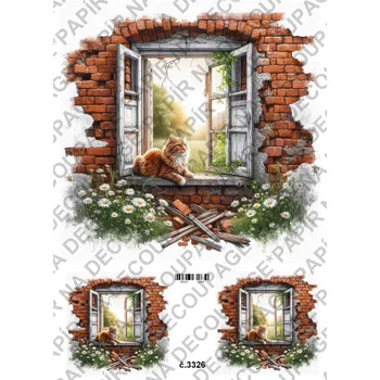 Výtvárné potřeby Rýžový a soft papír na decoupage - Kočka v cihlovém okně - KB03326 Materiál: Rýžový papír, Rozměr: A4